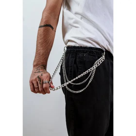 Cinto Corrente Tripla Variada Masculina Prateada Gótica Urbana Hip Hop Look Gótico Streetwear Alternativo