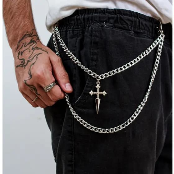 Corrente Dupla Masculina Acessório Calça CInto Bermuda Prateada Estilo Punk Rock Moto Hip Hop Off