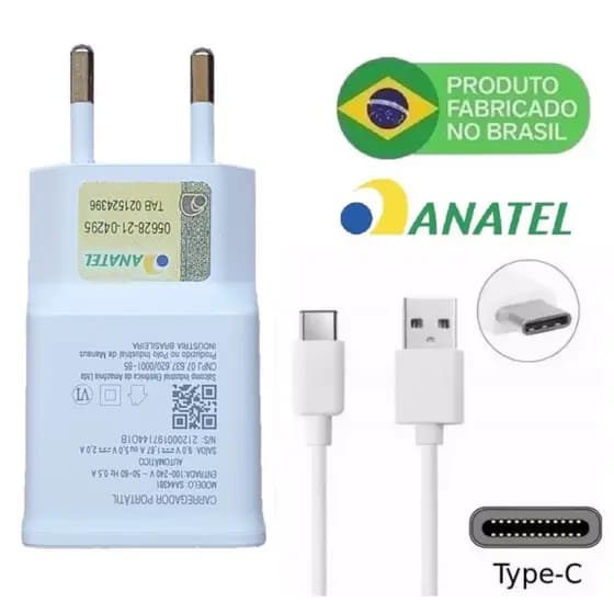 Carregador Tipo C Turbo para Galaxy A12 A20 A22 A31 A32 A50 A53 S8 S20 S20Fe S21 S22 M31 M51 A70 A71
