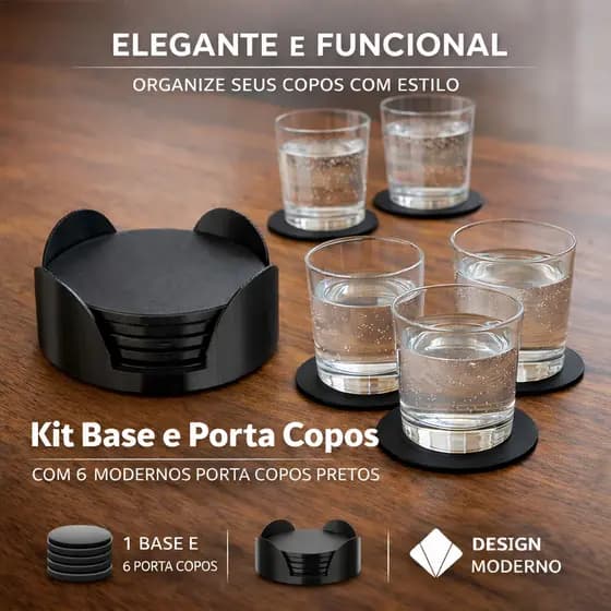 Porta Copos Redondo Preto com Suporte – Kit 6 Unidades Design Moderno Antiderrapante