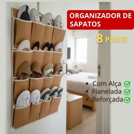 Sapateira 8 Pares Flanelada Com Alça P/ Pendurar Atrás da Porta Organizador Sapatos Sandálias Tênis