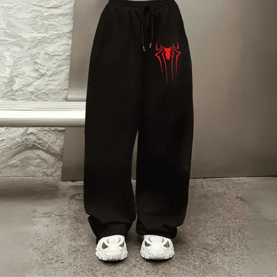Calça Estilosa Streetwear Moletom Modelo Wide Leg Estilo de Rua Estampada Flanelada Aranha Vermelha