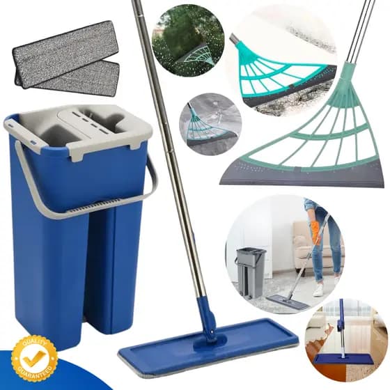 MOP Esfregão Limpeza Flat Balde Lava Seca Profissional + Rodo Silicone Vassoura Mágica Lava e Seca