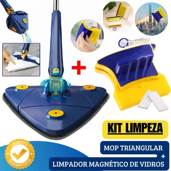 Mop Triangular 360° + Limpador Magnético Vidros Kit Limpeza Chão Teto Banheiro Janela