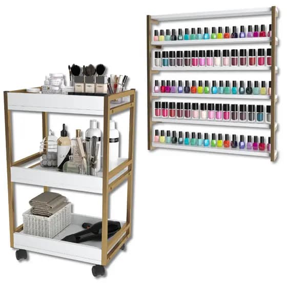Kit Carrinho Auxiliar Industrial e Expositor Nicho Suporte Para Esmalte Salão De Beleza Manicure
