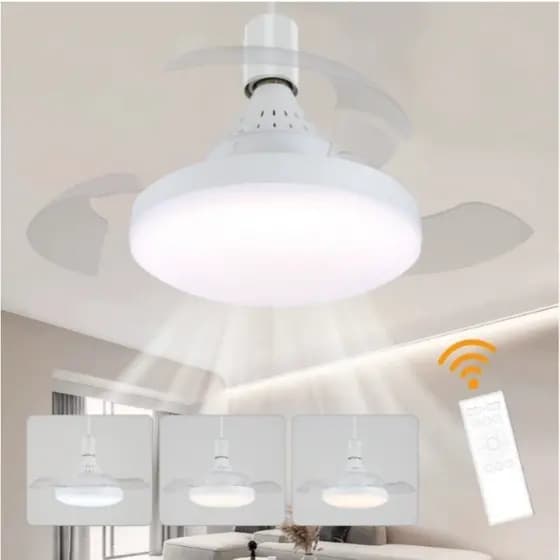 Ventilador De Teto Retratil 80W Lâmpada 3 Cores E27 Silencioso Bivolt Com Controle VT
