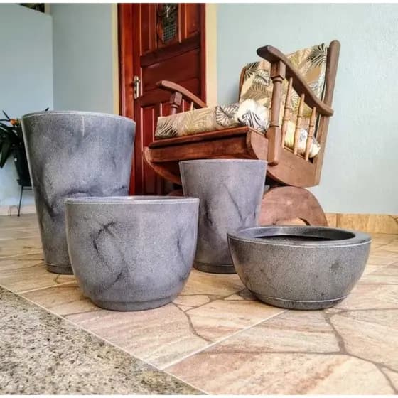 Kit 4 Vasos de Polietileno Marmorizado Para Plantas, Flores, Decoração - Coluna Redonda N1 e N2 Bojo N1 e Bacia N1