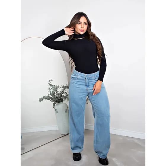 Body Feminino Gola Alta Manga Longa Tecido Super Confortável