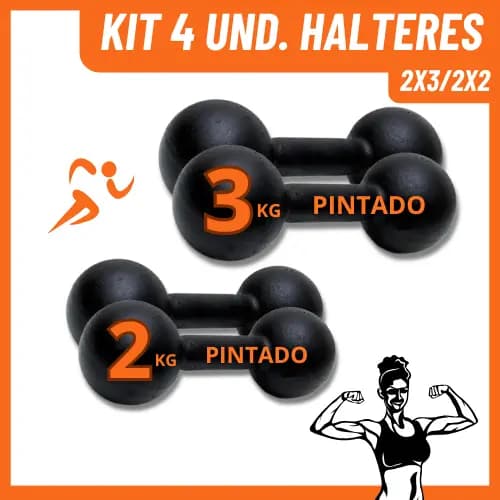 Kit 4 Halteres 2kg e 3kg Pintado Ferro – Peso Academia Musculação Treino em Casa Fitness