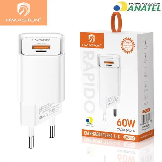 H'maston LR23-4 Carregador Turbo Celular Tipo-c PD 60w Usb-C Qc4.0 Original