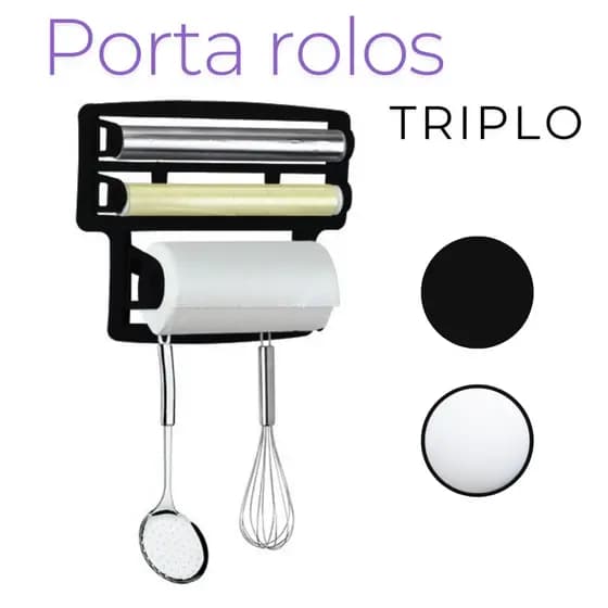 Porta Rolos Triplo Suporte Preto Rolos Para Cozinha 3 em 1.