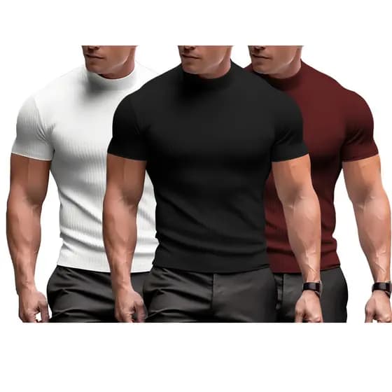 Kit 3 Camiseta Masculina Slim Canelada Gola Alta Manga Curta