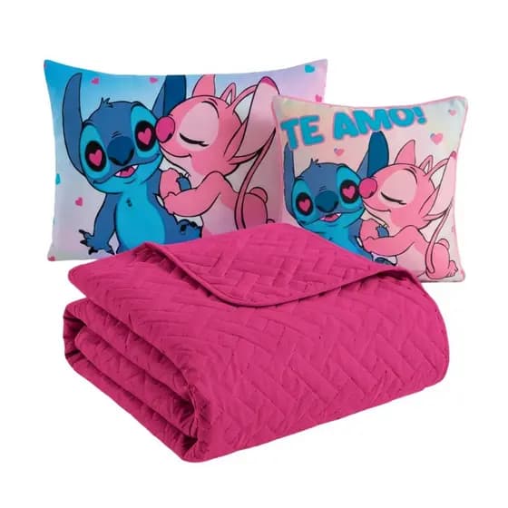 Colcha Cobre Leito Jogo Roupa Cama Edredom Solteiro 5 Pçs Matelado Fronha Stich Menina Rosa Pink