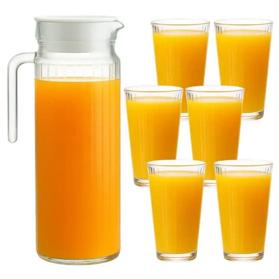 Kit Jarra 1 Litro e 6 Copos Vidro Canelado Transparente Para Servir Água Suco Refresco 7 Peças