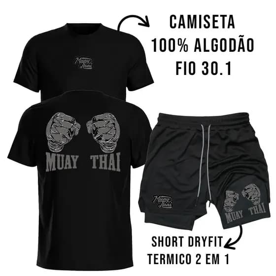 Kit Masculino Camiseta de Algodão + Short Dry Fit Compressão 2 em 1para Treino Muay Thai Luta Artes Marciais Fight