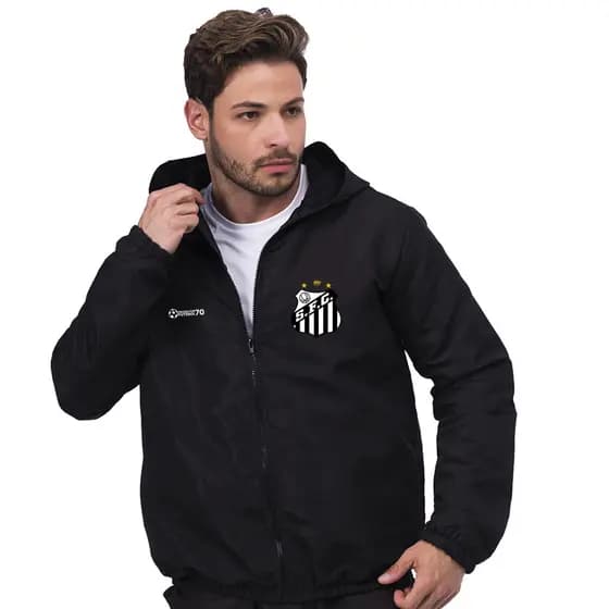 Jaqueta Corta Vento Unissex Santos SFC Com Capuz, Bolso e Zíper Academia Corrida Esportes Fitness Treinos