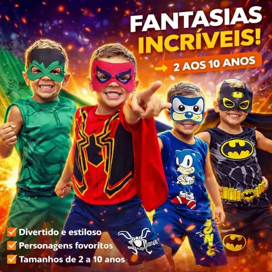 Conjunto Fantasia Infantil Menino Personagens 2 a 10 Anos Confortável