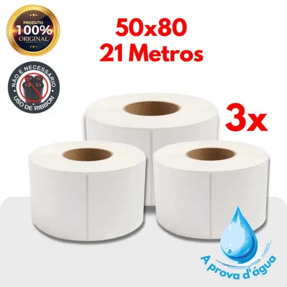 3 Rolos de etiqueta termica a prova d'água 50x80 21 metros