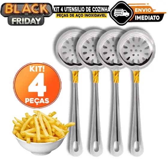 Kit Utensilio de Cozinha 4 Peças 100% Aço Inox Escumadeira Cozinha Fritura