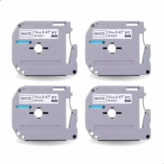 Kit 4 Fitas para Rotulador Evolut M-K231 12mm x 8m Reposição Impressão Branco com Escrita Preta