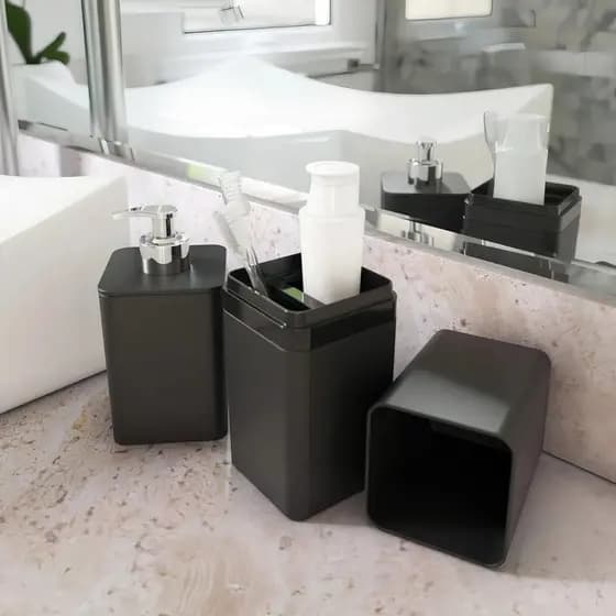 Conjunto 2 Peças Acessórios Banheiro Dispenser de Sabão Líquido e Porta Escovas de Dentes Preto