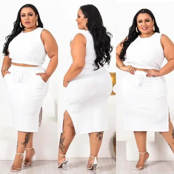 Conjunto Feminino Plus Size Malha Canelada Cropped Amarração e Saia Tubinho Moda Gringa Feminina