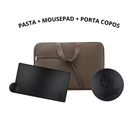 Pasta De Notebook Impermeável Com Bolso + Mousepad Gamer 90x40 Antiderrapente + Porta Copos