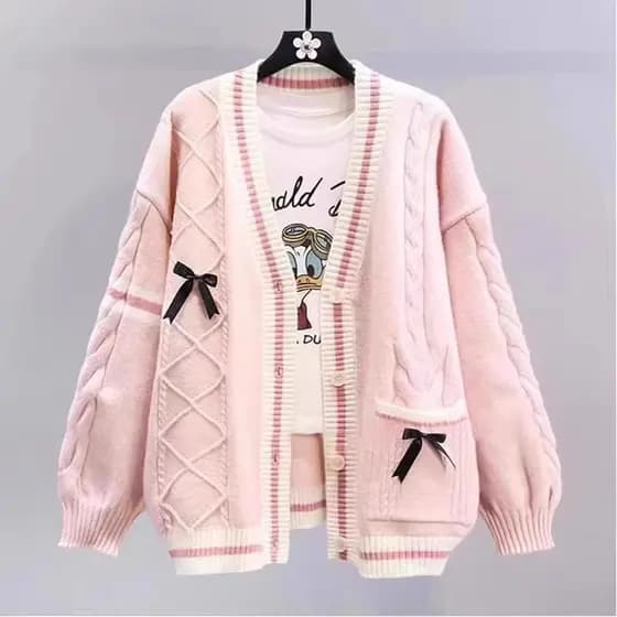 Casaco Suéter Estilo Universitário Japonês Doce para Mulheres Primavera Outono 2024 Novo Design Solto Cardigã Tricotado