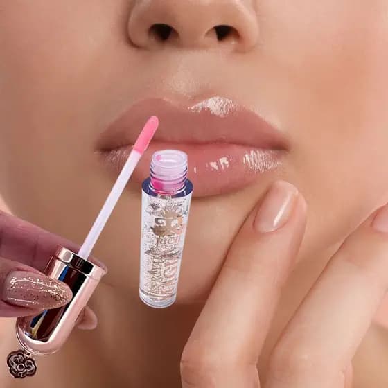 Batom Lip Gloss Transparente com Glitter Dourado