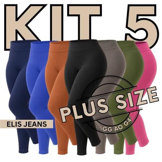 Kit 5 Calças Legging Plus Size Fitness Feminina Cintura Alta Leg Suplex Academia Zero Transparência