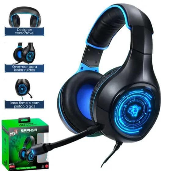 Headset Gamer P3 + USB com Iluminação em LED Azul Preto/Azul SAPHYR ELG
