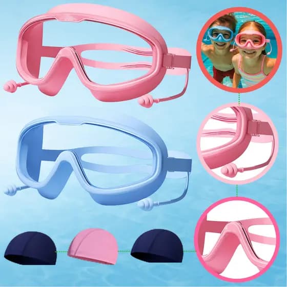 Kit Completo Óculos Natação Protetor Uv Infantil com Auricular e Touca para Crianças na Piscina Verão