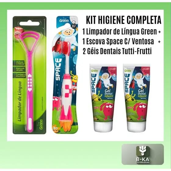 Kit Higiene Bucal Space Escova Ventosa 2 Géis Tutti-Frutti Sem Flúor Limpador De Língua