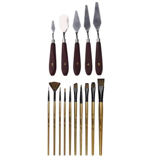 Kit 5 Espátulas + 10 Pincel Pintura Tela Quadro Artesanato