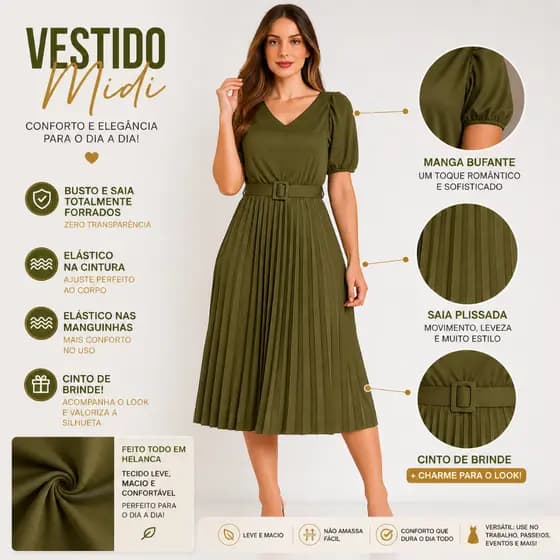 Vestido Plissado Midi Feminino Manga Bufante Com Cinto de Brinde