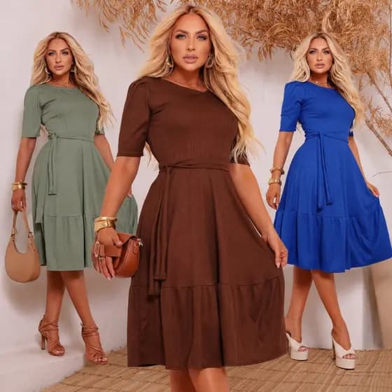 Vestido Moda Evangélica Midi Casual Manga Bufante Com Laço 2 Marias