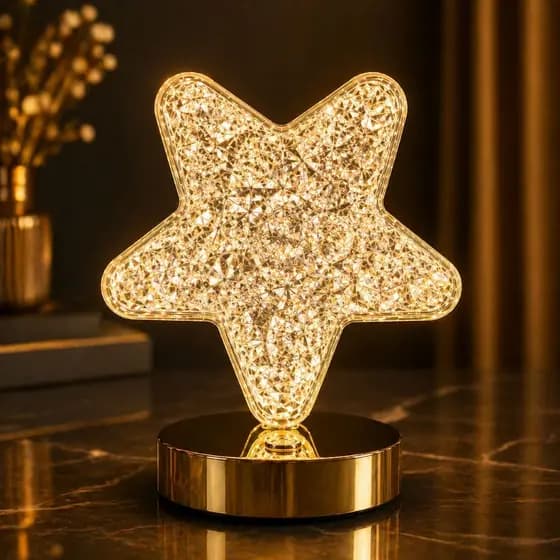 Luminária LED Estrela Cristal 3 Cores USB 5V/2A Abajur Decorativo Mesa Quarto Luz Quente Fria Neutra Toque