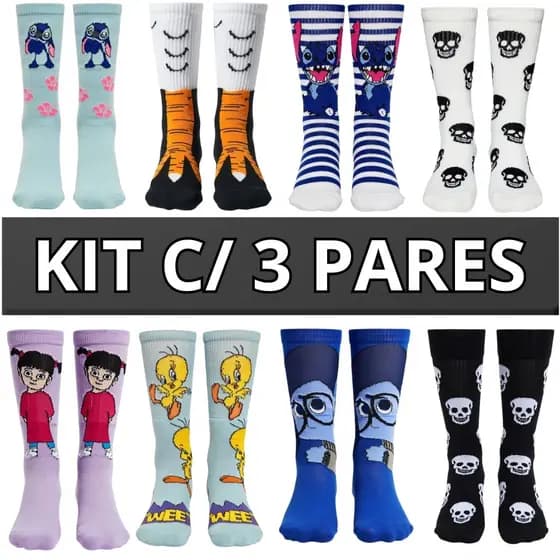 Kit 3 Pares de Meias Divertidas Adulto – Personagens | Unissex