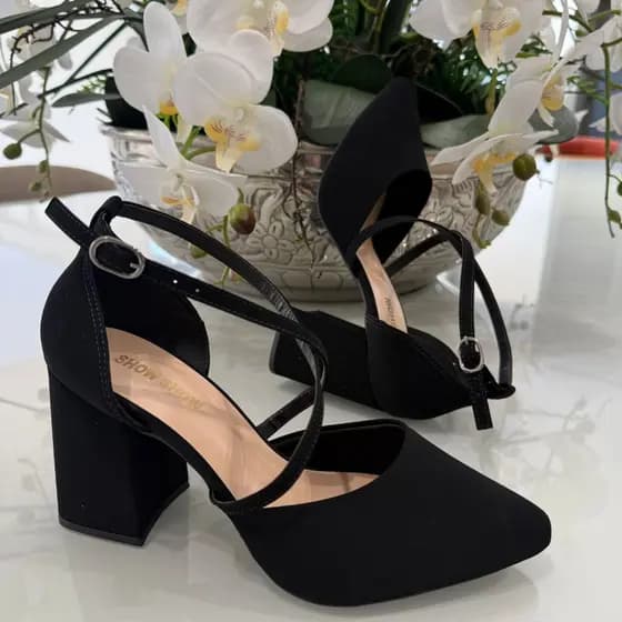 Sapato Feminino Scarpin Tiras Cruzadas Salto Alto 8 cm Grosso brilho elegante Original Show Show