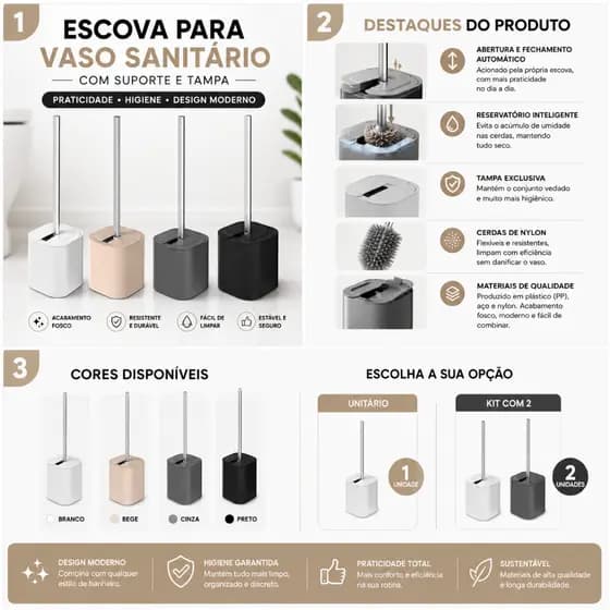 Escova Sanitária Dual com Suporte e Tampa - Design Moderno e Sistema Automático