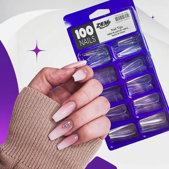 Kit 100 Unhas postiça Bailarina Natural (Branca/transparente)