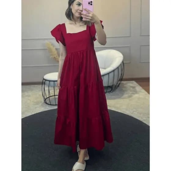 Vestido Longo Manga Princesa com Babados e Decote Quadrado Migue Modas