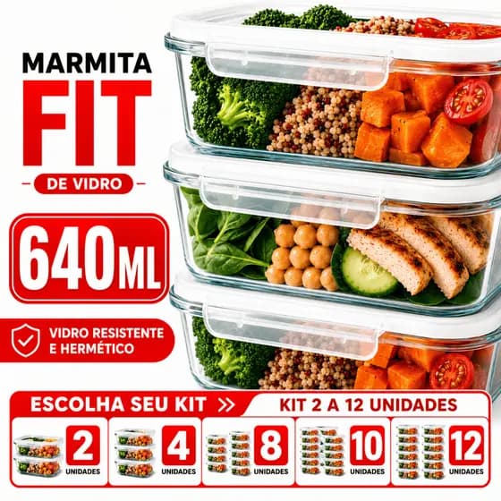Kit Potes de Vidro Herméticos Fit 640ml com Tampa Trava | Marmita Sem Vazamento | Porta Alimentos