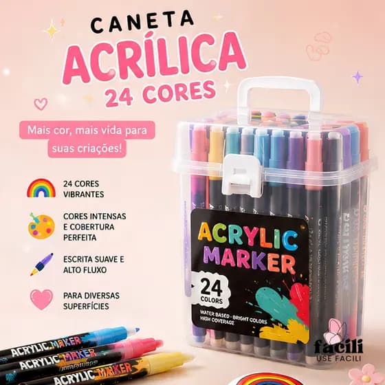 24 Canetas Acrílicas Triangular Marcador de Desenho Diversas Superfícies Papelaria