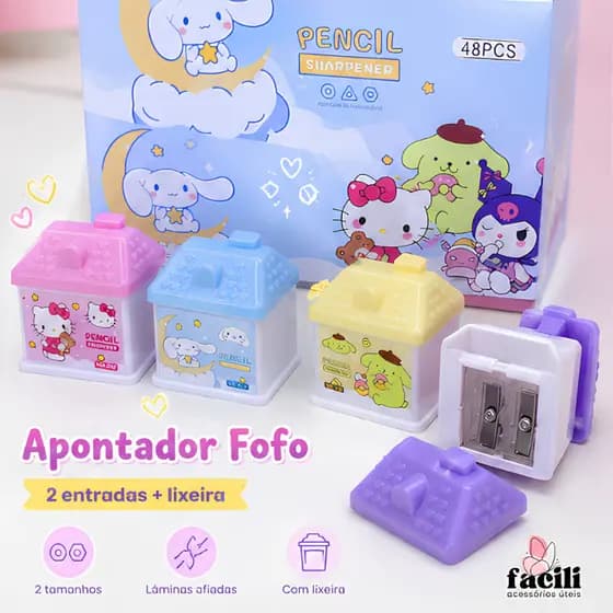 Apontador Fofo com Dupla Entrada e Lixeirinha - Turma da Hello Kitty, para Escola e Escritório