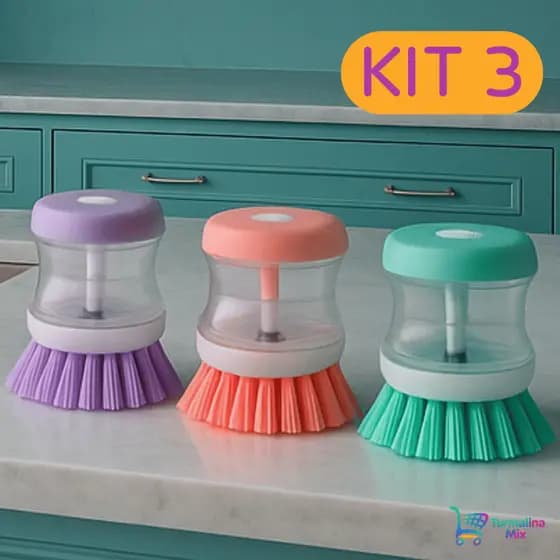 Kit Até 3 Escova de Limpeza Lava Louça Dispenser Dosador De Detergente