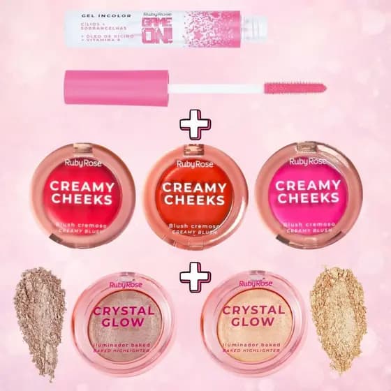 Kit Completo Ruby Rose | Gel Incolor + Blush Creamy Cheeks + Iluminador Crystal Glow