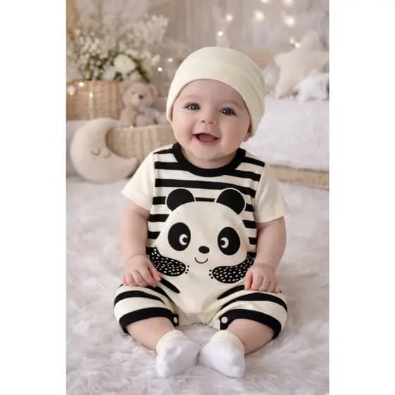 Macacão Curto Panda, Raposinha ou TIgre Bebê Menino com Touca | Look Fresquinho em Algodão para Recém-Nascido