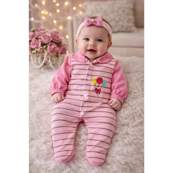 Macacão Longo com pé ou Macacão Curto Bebê Menina RN Bordado Delicado + Tiara Combinando | Look Fofo
