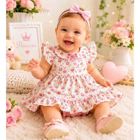 Vestido de Festa Bebê com Calcinha 2 a 7 Meses Elegante Aniversário Batizado Ensaio Fotográfico